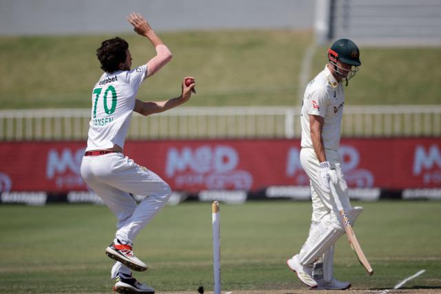 South Africa's Marco Jansen delivers a ball on day four of the first Test match between South Africa and Australia at the Kingsmead stadium in Durban on October 12, 2026. (Photo by Marco Longari / AFP)