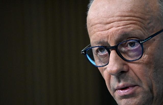 German Chancellor Friedrich Merz addresses journalists after a meeting with his conservative Christian Democratic Union (CDU) party's leadership on October 12, 2026 in Berlin. (Photo by Tobias SCHWARZ / AFP)