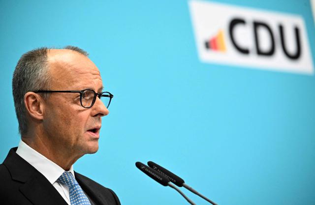 German Chancellor Friedrich Merz addresses journalists after a meeting with his conservative Christian Democratic Union (CDU) party's leadership on October 12, 2026 in Berlin. (Photo by Tobias SCHWARZ / AFP)
