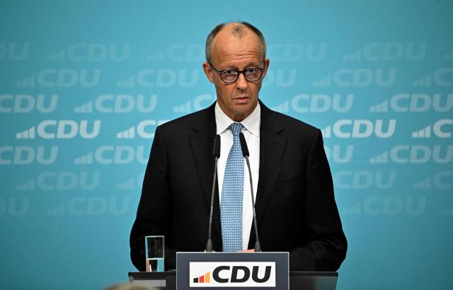 German Chancellor Friedrich Merz addresses journalists after a meeting with his conservative Christian Democratic Union (CDU) party's leadership on October 12, 2026 in Berlin. (Photo by Tobias SCHWARZ / AFP)
