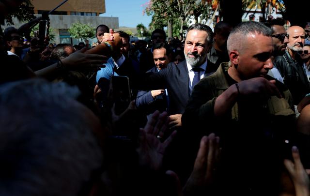 Leader of Spanish far-right party Vox Santiago Abascal meets supporters in Spain's North African enclave of Ceuta on October 12, 2026 amid migration crisis. The Spanish North African enclave of some 80,000 inhabitants seek to regain balance while hundreds of migrants remain in makeshifts camp after the massive influx of tens of thousands of migrants from Morocco in late July. (Photo by Thomas COEX / AFP)