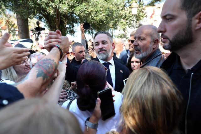 Leader of Spanish far-right party Vox Santiago Abascal meets supporters in Spain's North African enclave of Ceuta on October 12, 2026 amid migration crisis. The Spanish North African enclave of some 80,000 inhabitants seek to regain balance while hundreds of migrants remain in makeshifts camp after the massive influx of tens of thousands of migrants from Morocco in late July. (Photo by Thomas COEX / AFP)