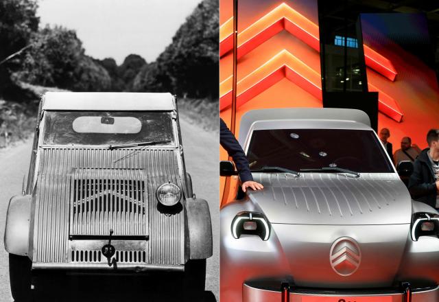 (COMBO) (FILES) This combination of file pictures created on October 12, 2026 shows the only model of the 1939 Citroen 2CV prototype in Le Mans on August 7, 1973, presented at the 1948 automobile show in Paris (L) and the Citroen 2CV Fourgonette car presented during the 91st edition of the international Paris Motor Show at the Porte de Versailles in Paris on October 12, 2026. (Photo by Ludovic MARIN / AFP)