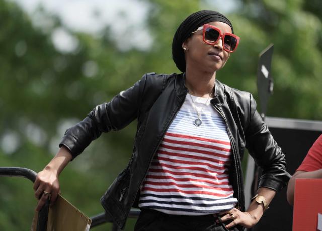 (FILES) US Representative Ilhan Omar (D-MN) waits to speak to protesters near the White House during a Free Kilmar Abrego Garcia Now rally in Washington, DC on May 1, 2025. According to US media reports, federal agents searched the Washington, DC, home of Representative Ilhan Omar, Democrat from Minnesota, on the morning of October 12, 2026. (Photo by Oliver Contreras / AFP)