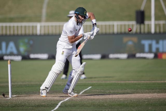 South Africa's Aiden Markram plays a shot on day four of the first Test match between South Africa and Australia at the Kingsmead stadium in Durban on October 12, 2026. (Photo by Marco Longari / AFP)