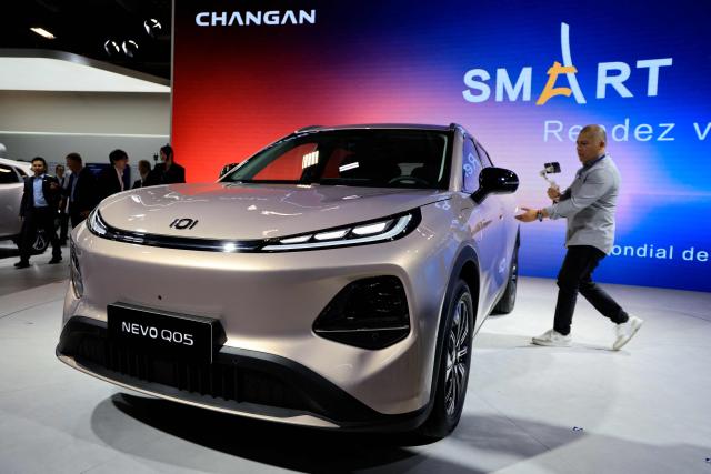 This photograph shows the Changan NEVO Q05 SUV car at the 91st edition of the international Paris Motor Show at the Porte de Versailles in Paris on October 12, 2026. (Photo by Ludovic MARIN / AFP)