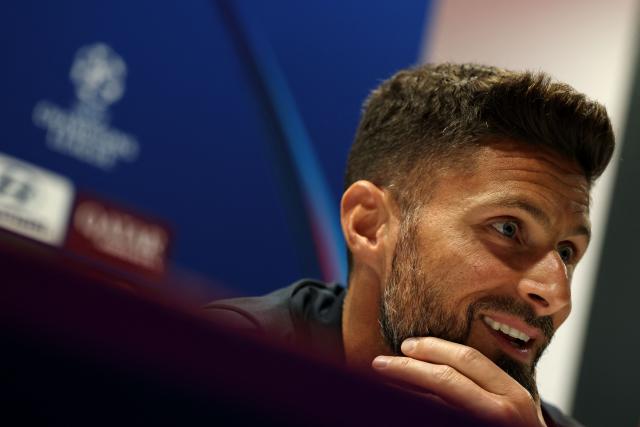 Lille's French striker #09 Olivier Giroud attends a press conference held at the Emirates stadium in London, on October 12, 2026, on the eve of their UEFA Champions League football match against Arsenal. (Photo by Adrian DENNIS / AFP)