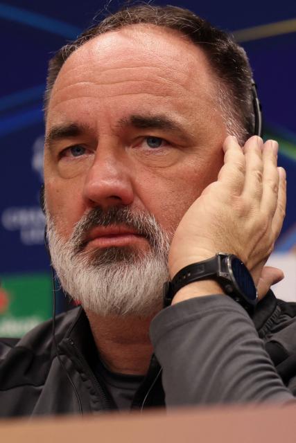 Slavia Prague's Czech head coach Jindrich Trpisovsky addresses a press conference at the Baku Olympic Stadium in Baku on October 12, 2026, on the eve of the UEFA Champions League match between Sabah and Slavia Praha. (Photo by Giorgi ARJEVANIDZE / AFP)