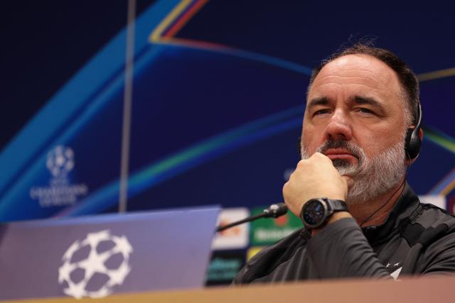 Slavia Prague's Czech head coach Jindrich Trpisovsky addresses a press conference at the Baku Olympic Stadium in Baku on October 12, 2026, on the eve of the UEFA Champions League match between Sabah and Slavia Praha. (Photo by Giorgi ARJEVANIDZE / AFP)