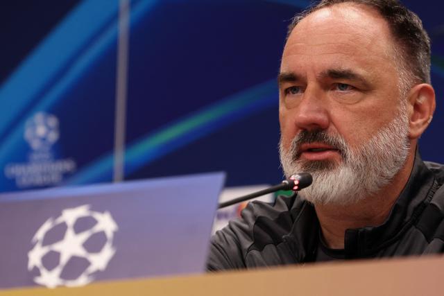 Slavia Prague's Czech head coach Jindrich Trpisovsky addresses a press conference at the Baku Olympic Stadium in Baku on October 12, 2026, on the eve of the UEFA Champions League match between Sabah and Slavia Praha. (Photo by Giorgi ARJEVANIDZE / AFP)