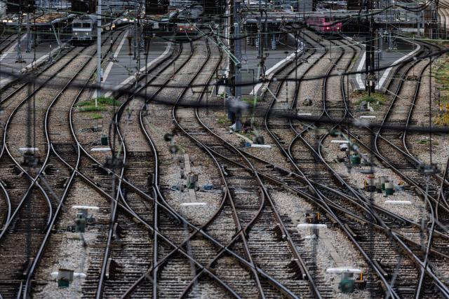This photograph shows railway tracks at the Austerlitz station in Paris on october 11, 2026. (Photo by JOEL SAGET / AFP)