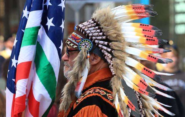 Participants march in the Columbus Day Parade on Fifth Avenue in New York City on October 12, 2026. (Photo by TIMOTHY A. CLARY / AFP)