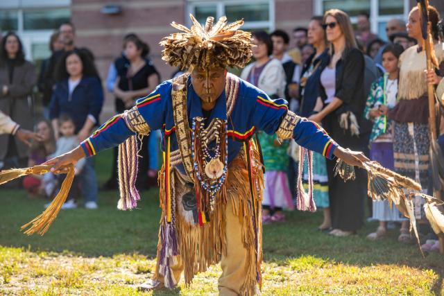 Anthony Dean Stanton, Chief Sachem of the Narragansett Indian Tribe, takes part in the Calumet dance during an Indigenous People's Day event in Newton, Massachusetts, October 12, 2026. (Photo by JOSEPH PREZIOSO / AFP)