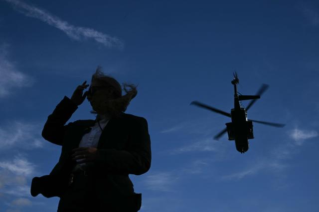 Marine One carrying US President Donald Trump takes off from the South Lawn of the White House in Washington, DC, on October 12, 2026. President Trump is traveling to Youngstown, Ohio, to hold a campaign rally ahead of the midterm elections. (Photo by Brendan SMIALOWSKI / AFP)