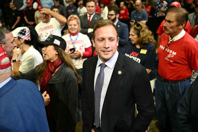 US Representative Max Miller, Republican for Ohio in attendance ahead of US President Donald Trump speaking during a campaign rally at the Covelli Centre in Youngstown, Ohio, on October 12, 2026. (Photo by Kent NISHIMURA / AFP)