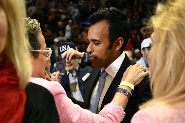 Republican candidate for Governor of Ohio Vivek Ramaswamy is greeted by supporters during a campaign rally with US President Donald Trump at the Covelli Centre in Youngstown, Ohio, on October 12, 2026. (Photo by Kent NISHIMURA / AFP)