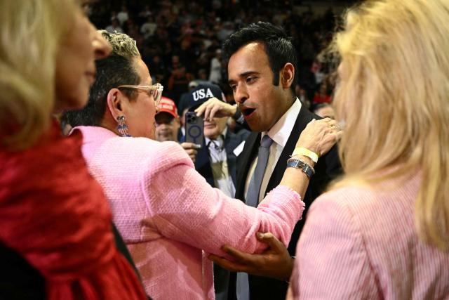 Republican candidate for Governor of Ohio Vivek Ramaswamy is greeted by supporters during a campaign rally with US President Donald Trump at the Covelli Centre in Youngstown, Ohio, on October 12, 2026. (Photo by Kent NISHIMURA / AFP)