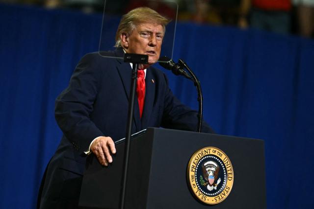 US President Donald Trump speaks during a campaign rally at the Covelli Centre in Youngstown, Ohio, on October 12, 2026. (Photo by Kent NISHIMURA / AFP)