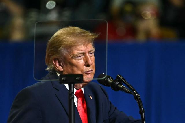 US President Donald Trump speaks during a campaign rally at the Covelli Centre in Youngstown, Ohio, on October 12, 2026. (Photo by Kent NISHIMURA / AFP)