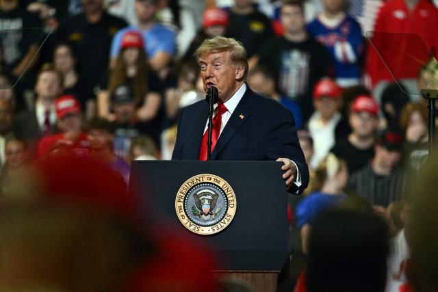 US President Donald Trump speaks during a campaign rally at the Covelli Centre in Youngstown, Ohio, on October 12, 2026. (Photo by Kent NISHIMURA / AFP)