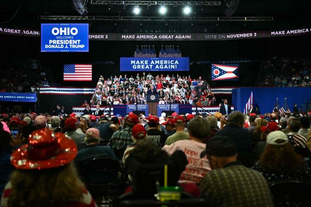 US President Donald Trump speaks during a campaign rally at the Covelli Centre in Youngstown, Ohio, on October 12, 2026. (Photo by Kent NISHIMURA / AFP)
