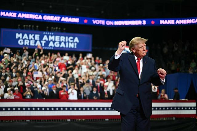 US President Donald Trump speaks during a campaign rally at the Covelli Centre in Youngstown, Ohio, on October 12, 2026. (Photo by Kent NISHIMURA / AFP)