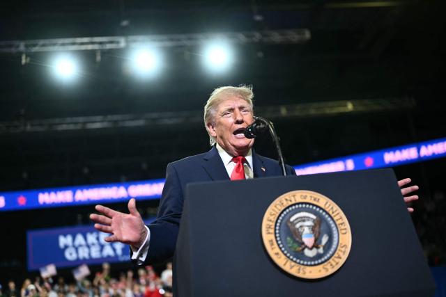 US President Donald Trump speaks during a campaign rally at the Covelli Centre in Youngstown, Ohio, on October 12, 2026. (Photo by Kent NISHIMURA / AFP)