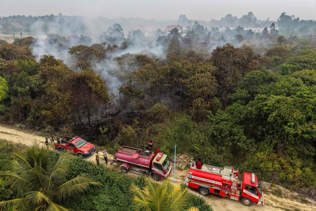 (FILES) This aerial picture shows fire fighters battling peatland fires in Sintang, West Kalimantan on September 5, 2026. For weeks on end, parts of Indonesian Borneo have resembled an Armageddon landscape with masked residents immersed in a putrid, red-brown haze as wildfires devour peatlands near homes and farms. Burning slowly, mostly under the surface and sometimes for months on end, peatland fires are responsible for much of the dry season haze that this year has tainted air as far afield as Malaysia, Singapore and the Philippines. (Photo by BAY ISMOYO / AFP) / To go with AFP story Indonesia-environment-climate-fire-peatland, FACTS by Mariette Le Roux