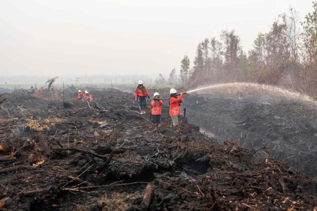 (FILES) Members of the all-women The Power of Mama (TPoM) volunteer firefighting team spray water onto smouldering peatland in Mensubuk Lama, Tanjungpura Village, Ketapang Regency, West Kalimantan on September 26, 2026. For weeks on end, parts of Indonesian Borneo have resembled an Armageddon landscape with masked residents immersed in a putrid, red-brown haze as wildfires devour peatlands near homes and farms. Burning slowly, mostly under the surface and sometimes for months on end, peatland fires are responsible for much of the dry season haze that this year has tainted air as far afield as Malaysia, Singapore and the Philippines. (Photo by HERIBERTUS / AFP) / To go with AFP story Indonesia-environment-climate-fire-peatland, FACTS by Mariette Le Roux