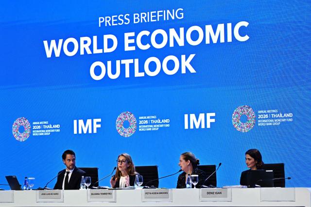 (L-R) IMF Communications Officer Jose Luis De Haro, IMF Chief Economist Silvana Tenreyro, IMF Research Department Deputy Director Petya Koeva Brooks and IMF Research Department Division Chief Deniz Igan attend the World Economic Outlook press briefing at the Annual Meetings of the International Monetary Fund (IMF) and the World Bank Group (WBG) at the Queen Sirikit National Convention Center (QSNCC) in Bangkok on September 13, 2026. (Photo by Lillian SUWANRUMPHA / AFP)