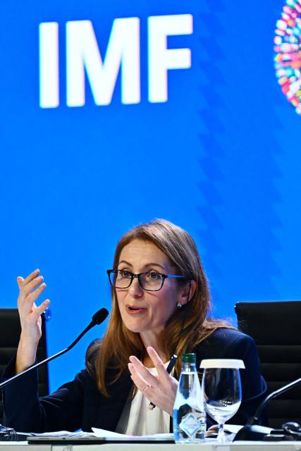 IMF Chief Economist Silvana Tenreyro speaks during the World Economic Outlook press briefing at the Annual Meetings of the International Monetary Fund (IMF) and the World Bank Group (WBG) at the Queen Sirikit National Convention Center (QSNCC) in Bangkok on October 13, 2026. (Photo by Lillian SUWANRUMPHA / AFP)