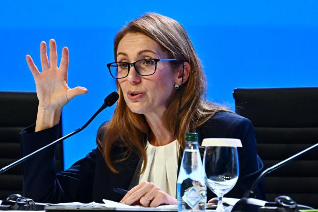IMF Chief Economist Silvana Tenreyro speaks during the World Economic Outlook press briefing at the Annual Meetings of the International Monetary Fund (IMF) and the World Bank Group (WBG) at the Queen Sirikit National Convention Center (QSNCC) in Bangkok on October 13, 2026. (Photo by Lillian SUWANRUMPHA / AFP)