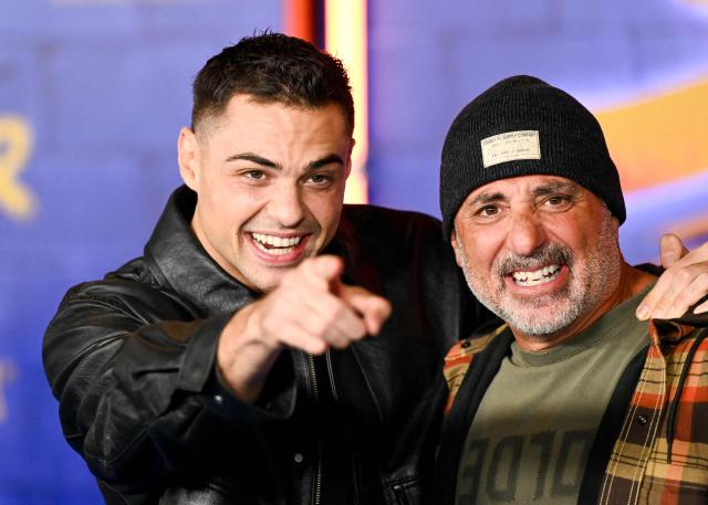 US actor Noah Centineo and his dad movie producer Greg Centineo attend the premiere of Paramount Pictures' "Street Fighter" at the TCL Chinese Theatre in Hollywood, California, on October 12, 2026. (Photo by Katie FLORES / AFP)