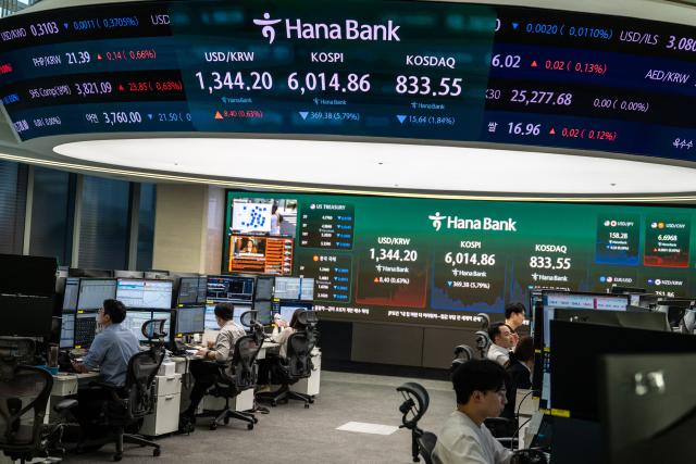 The electronic screens show South Korea's benchmark stock index (KOSPI) in a dealing room at the Hana Bank headquarters in Seoul on October 13, 2026. Seoul, Tokyo and Taipei led losses across Asian stock markets on October 13 as technology firms plunged on fresh worries about the outlook for the AI investment boom, with traders preparing for a crucial earnings season and release of key US data. (Photo by Philip FONG / AFP)