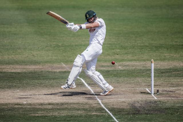 South Africa's Aiden Markram plays a shot on day five of the first Test match between South Africa and Australia at the Kingsmead stadium in Durban on October 13, 2026. (Photo by Marco Longari / AFP)