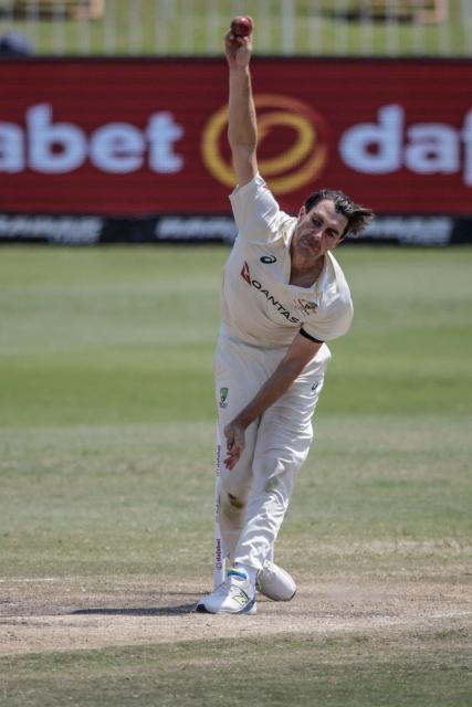 Australia's Pat Cummins delivers a ball on day five of the first Test match between South Africa and Australia at the Kingsmead stadium in Durban on October 13, 2026. (Photo by Marco Longari / AFP)