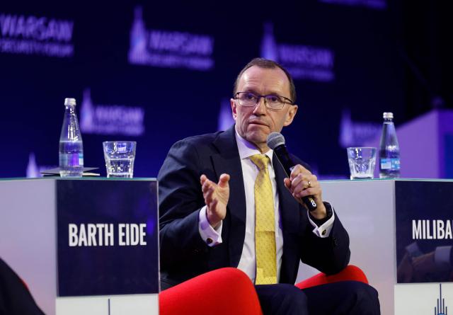 Norwegian Foreign Minister Espen Barth Eide attends a panel discussion during the Warsaw Security Forum in Warsaw, Poland on October 13, 2026. (Photo by Wojtek RADWANSKI / AFP)