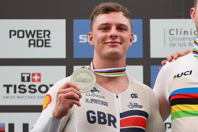 (FILES) Great Britain's Matthew Richardson poses with his silver medal at the men's sprint event award ceremony at the 2025 UCI Track World Championships, in the Penalolen Velodrome in Santiago, on October 26, 2025. Leading British sprinter Matthew Richardson has been sent home from the world track cycling championships in Shanghai, after a media report that he had been accused of "serious misconduct". (Photo by Javier TORRES / AFP)