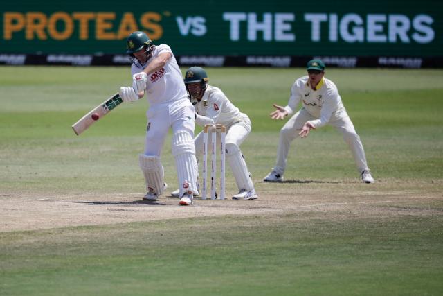 South Africa's Wiaan Mulder plays a shot on day five of the first Test match between South Africa and Australia at the Kingsmead stadium in Durban on October 13, 2026. (Photo by Marco Longari / AFP)