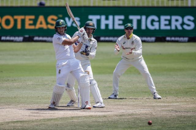 South Africa's Wiaan Mulder watches the ball after playing a shot on day five of the first Test match between South Africa and Australia at the Kingsmead stadium in Durban on October 13, 2026. (Photo by Marco Longari / AFP)
