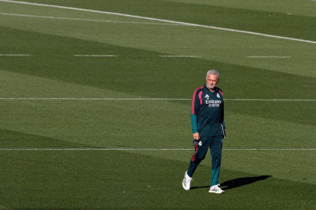 Real Madrid's Portuguese coach Jose Mourinho leads a training session at the Ciudad Real Madrid training ground in Madrid ahead of their UEFA Champions League football match against Roma, on October 13, 2026. (Photo by Oscar DEL POZO / AFP)
