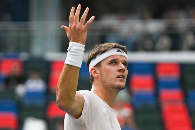 Czech Republic’s Jakub Mensik reacts during his men's singles match against France’s Arthur Gea at the Shanghai Masters tennis tournament in Shanghai on October 13, 2026. (Photo by CN-STR / AFP) / China OUT