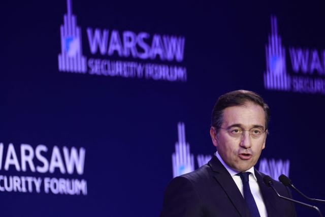 Spanish Foreign Minister Jose Manuel Albares delivers a speech during the Warsaw Security Forum in Warsaw, Poland on October 13, 2026. (Photo by Wojtek RADWANSKI / AFP)
