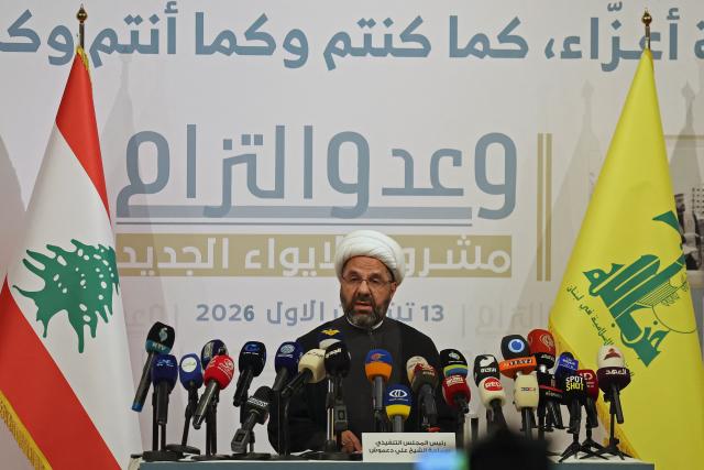 The head of Hezbollah's Executive Council, Ali Damoush addresses a press conference in the southern suburbs of Beirut on October 13, 2026. (Photo by Anwar AMRO / AFP)