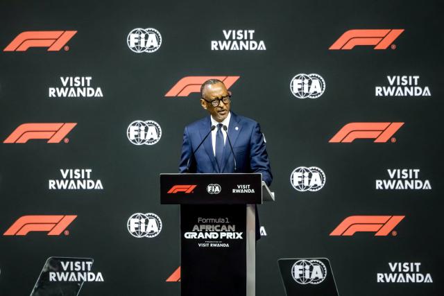 Rwanda's President Paul Kagame delivers remarks during the announcement of the Formula 1 African Grand Prix at BK Arena in Kigali on October 13, 2026. Rwanda will host Africa's first Formula One Grand Prix since 1993 in "the early 2030s" after the circuit announced a 10-year deal with the country on October 13, 2026.
"Today is a landmark moment for Formula One," F1 president Stefano Domenicali said in a statement. (Photo by Bright Emoja / AFP)