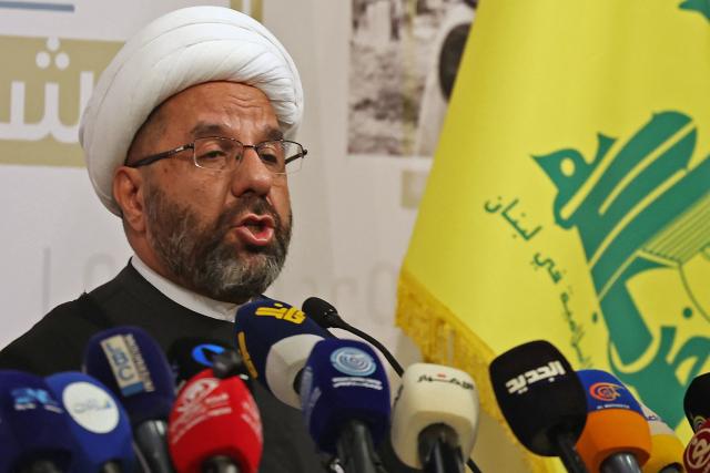 The head of Hezbollah's Executive Council, Ali Damoush addresses a press conference in the southern suburbs of Beirut on October 13, 2026. (Photo by Anwar AMRO / AFP)