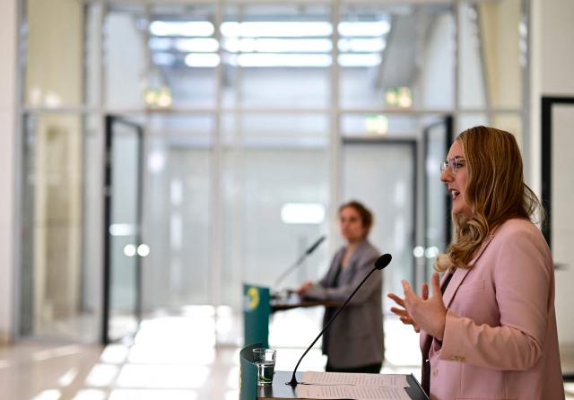Parliamentary group co-leader of Germany's Green party Katharina Droege addresses journalists ahead the meeting of the parliamentary group of the Greens at the parliament in Berlin, on October 13, 2026. (Photo by John MACDOUGALL / AFP)