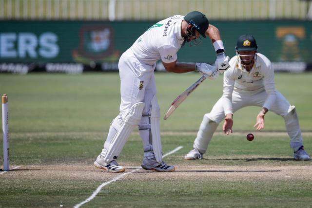 South Africa's Aiden Markram plays a shot on day five of the first Test match between South Africa and Australia at the Kingsmead stadium in Durban on October 13, 2026. (Photo by Marco Longari / AFP)