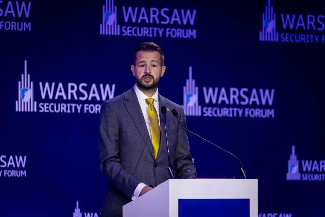 Montenegro's President Jakov Milatovic speaks during the second day of Warsaw Security Forum in Warsaw, Poland on October 13, 2026. (Photo by Wojtek RADWANSKI / AFP)