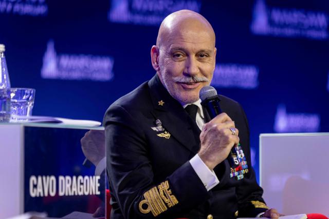 Italy's Admiral Giuseppe Cavo Dragone - Chair of the NATO Military Committee, NATO, attends the second day of Warsaw Security Forum in Warsaw, Poland on October 13, 2026. (Photo by Wojtek RADWANSKI / AFP)